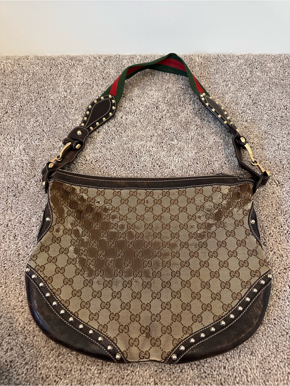 Gucci Brown GG Canvas Shoulder Bag with Green and Red Web Strap